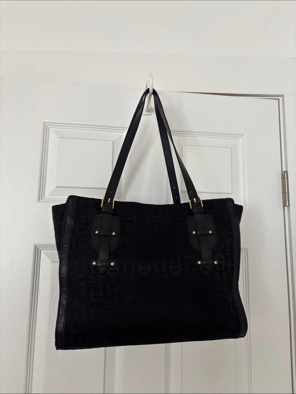 Vintage Etienne Aigner Black Monogram Tote bag Gold-Tone Hardware magnetic close